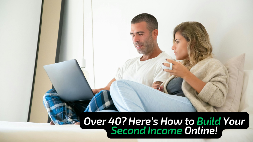 A midlife couple enjoying coffee and working on a laptop in bed, showcasing a cozy and relaxed work-from-home lifestyle